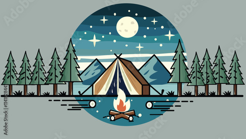 This Illustration Shows A Moment Of Camping In The Wild And A Tent That Stands Firmly And A Warm Campfire