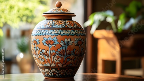 Decorative traditional clay urn with hand-painted motifs, highlighting the cultural heritage of pottery making photo