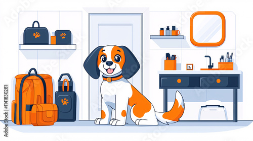 A Beagle Puppy in a Office room with Luggage.