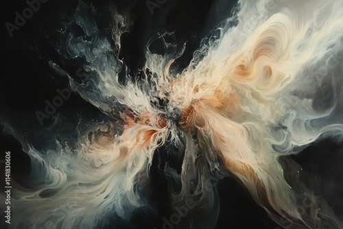 Abstract painting with swirling beige and grey hues against a dark background, creating a cosmic or nebulalike effect. photo