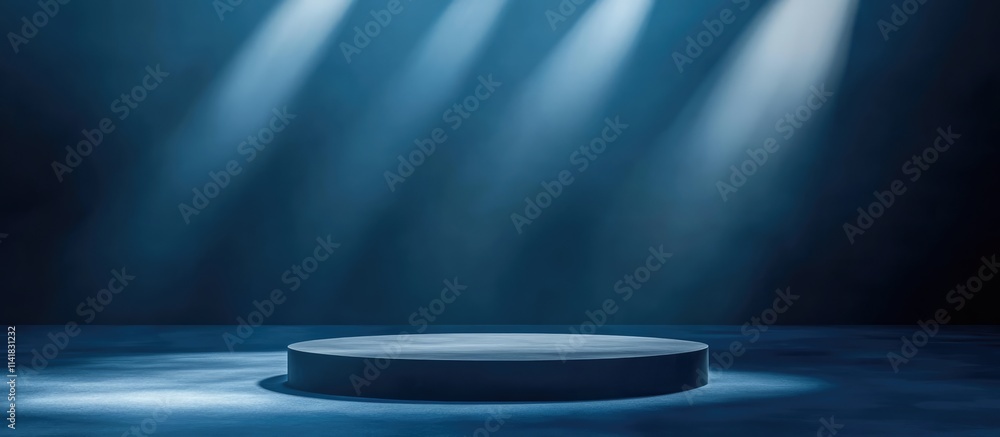 Geometric studio scene with dramatic light and shadow on a deep blue background perfect for showcasing luxury product mockups. Geometric studio scene with dramatic light and shadow on a deep blue background perfect for showcasing luxury product mockups.