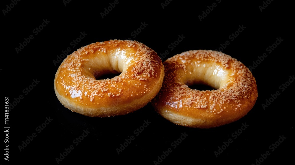 Baked bagels sprinkled with sugar on a contrasting black background showcasing their golden texture and appealing design Baked bagels sprinkled with sugar on a contrasting black background showcasing their golden texture and appealing design