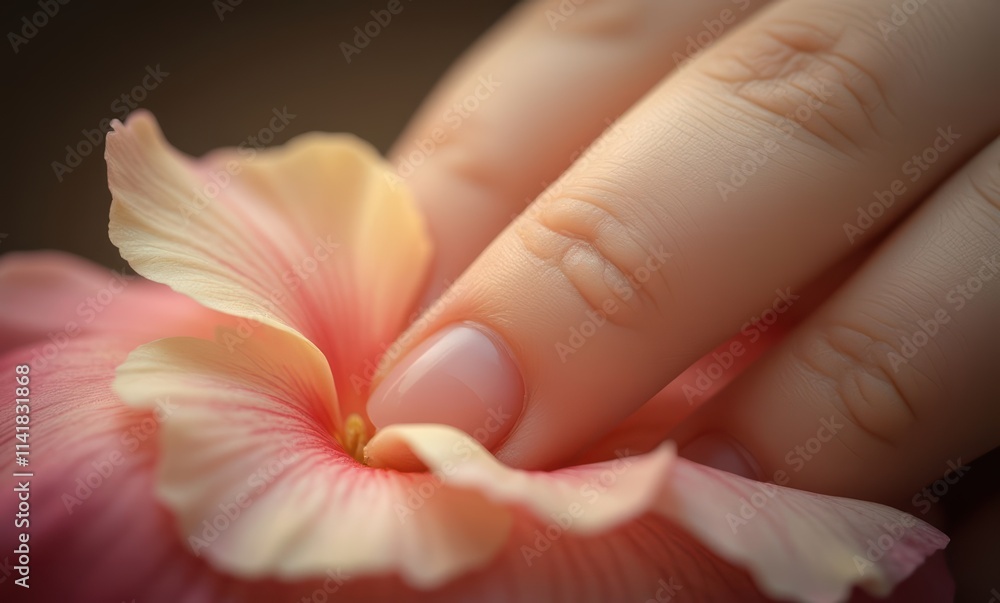 Delicate hand touching a pink flower Delicate hand touching a pink flower