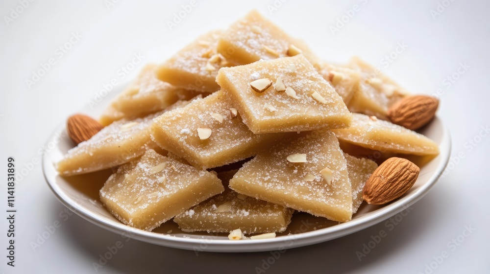 Delicious Badam Katli diamond-shaped sweets with almonds on a plate isolated against a white background showcasing traditional Indian dessert appeal Delicious Badam Katli diamond-shaped sweets with almonds on a plate isolated against a white background showcasing traditional Indian dessert appeal