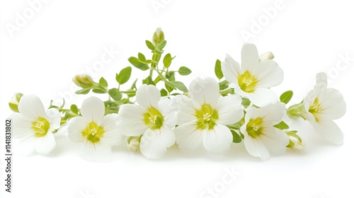 Bacopa flowers with green leaves arranged beautifully on a white background showcasing their delicate white petals and yellow centers.