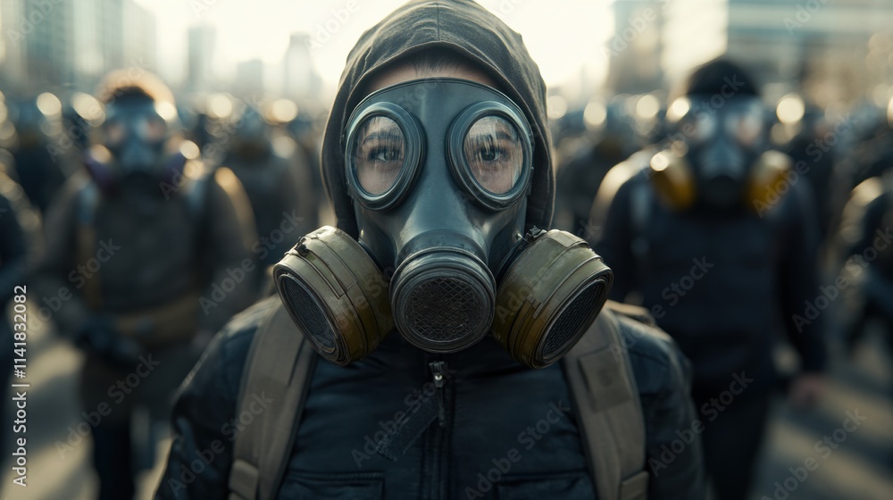 Protesters wearing gas masks gather in urban setting high tension atmosphere social issues daytime view Protesters wearing gas masks gather in urban setting high tension atmosphere social issues daytime view