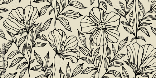 Leaves branch and Hand Drawn doodle Scribble floral plants banner, seamless pattern. Creative minimalist Abstract art background. Design wall decoration, postcard, poster and brochure
