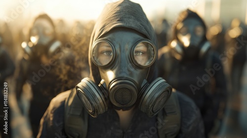 A group of individuals wearing gas masks stands in a hazy environment, suggesting themes of protest, survival, or environmental concerns. photo