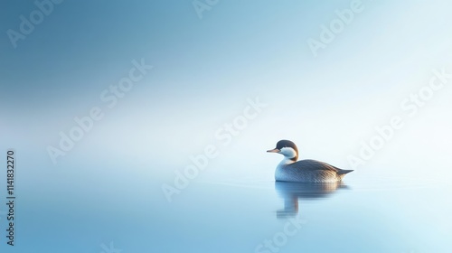 Pied Billed Grebe gracefully swimming on tranquil blue water reflecting soft sunlight in a serene and minimalistic setting photo