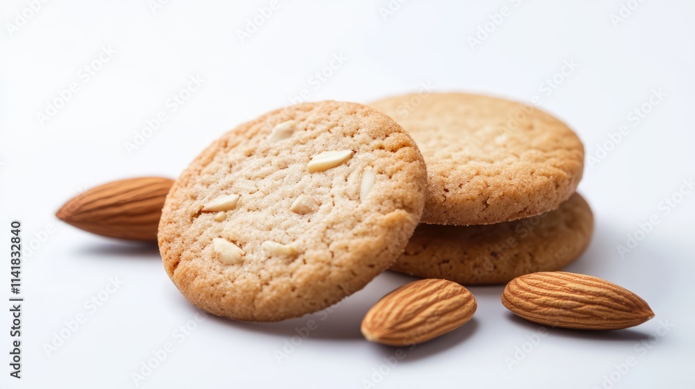 Almond Cookies on a White Background with Whole Almonds for Dessert or Bakery Concepts Almond Cookies on a White Background with Whole Almonds for Dessert or Bakery Concepts