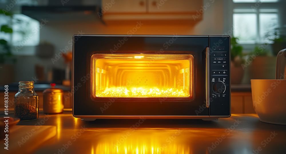 A microwave oven is lit up and is on a counter A microwave oven is lit up and is on a counter