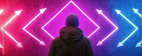 Travel Restrictions and Guidelines. A person stands before vibrant neon arrows in pink and blue, creating a dynamic and futuristic atmosphere. photo