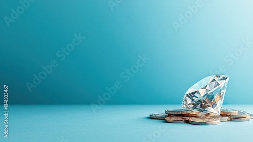 Shiny diamond on a pile of golden coins photo