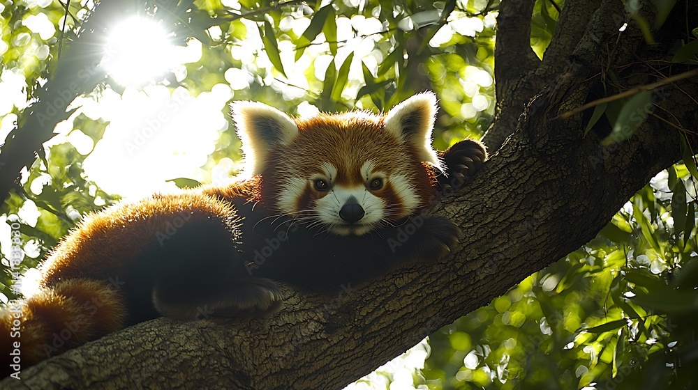 Red Panda Resting In Sunlight On A Tree Branch Red Panda Resting In Sunlight On A Tree Branch