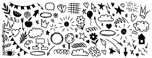 Hand drawn doodle design elements, black on white background. Swishes, swoops, emphasis, Arrow, crown, brush stroke. doodle sketch design elements.