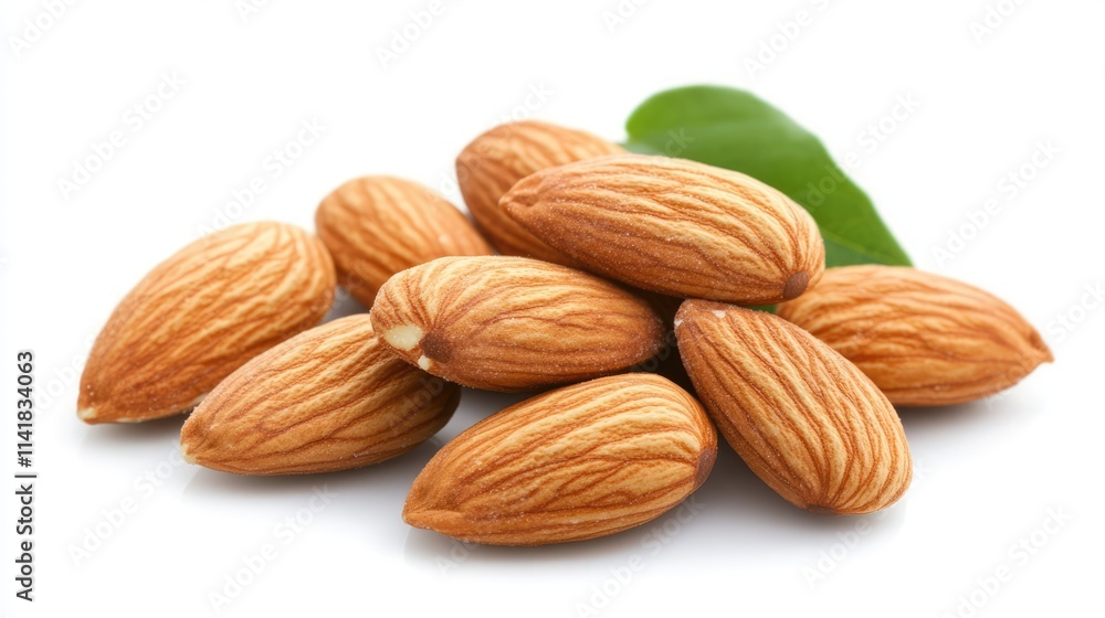 Raw almonds with textured shells and a green leaf isolated on a clean white background showcasing natural snack ingredients. Raw almonds with textured shells and a green leaf isolated on a clean white background showcasing natural snack ingredients.