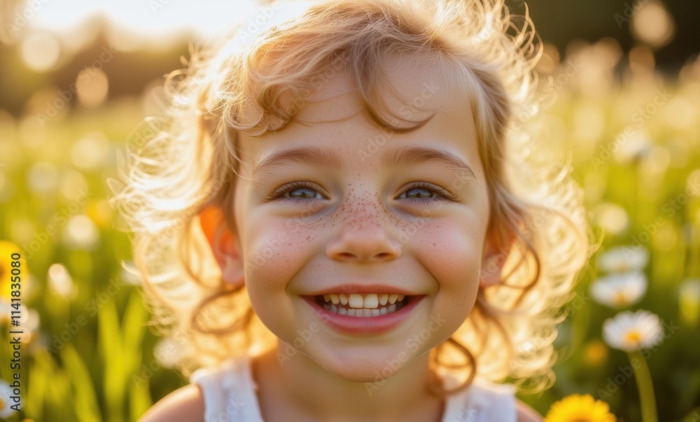 Smiling girl with curly hair in a field Smiling girl with curly hair in a field