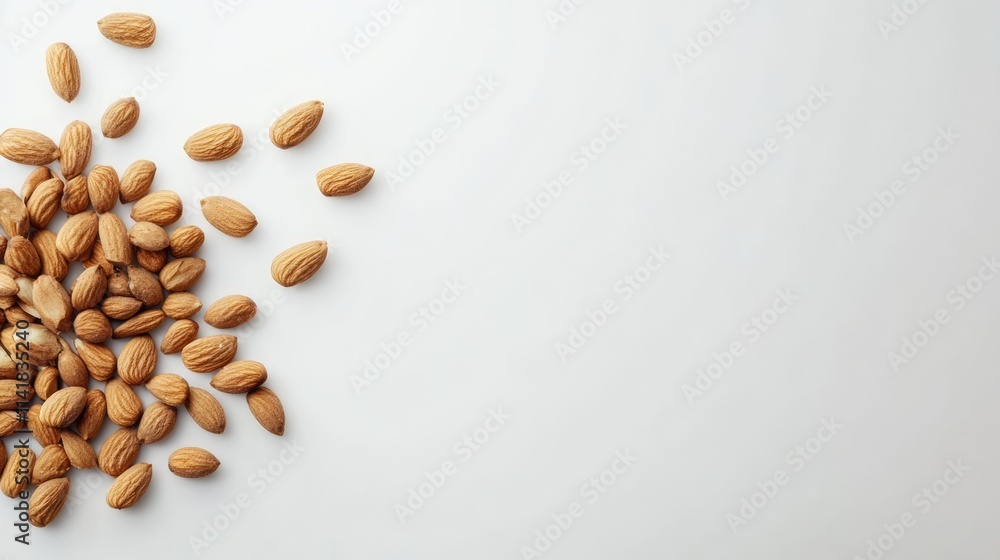 Almond nuts scattered on a clean white background showcasing their natural texture and color in a top view composition Almond nuts scattered on a clean white background showcasing their natural texture and color in a top view composition