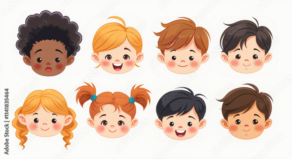 Cute Cartoon Faces of Diverse Children Illustration - Set of 8 Illustrated Kids Expressions for Educational and Creative Use Cute Cartoon Faces of Diverse Children Illustration - Set of 8 Illustrated Kids Expressions for Educational and Creative Use