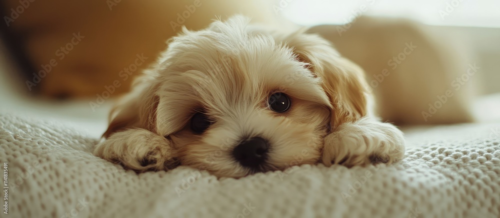 Cute Maltipoo puppy lying on a cozy blanket in a modern stylish home interior perfect for pet lovers and home decor enthusiasts Cute Maltipoo puppy lying on a cozy blanket in a modern stylish home interior perfect for pet lovers and home decor enthusiasts