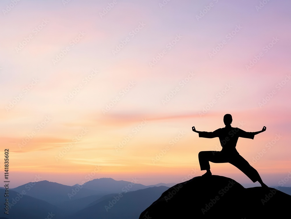 mindful living concept. A person practicing tai chi on a mountain peak at sunrise, with sweeping views of nature, mindful living wellness natural environment, balanced mind-body connection mindful living concept. A person practicing tai chi on a mountain peak at sunrise, with sweeping views of nature, mindful living wellness natural environment, balanced mind-body connection