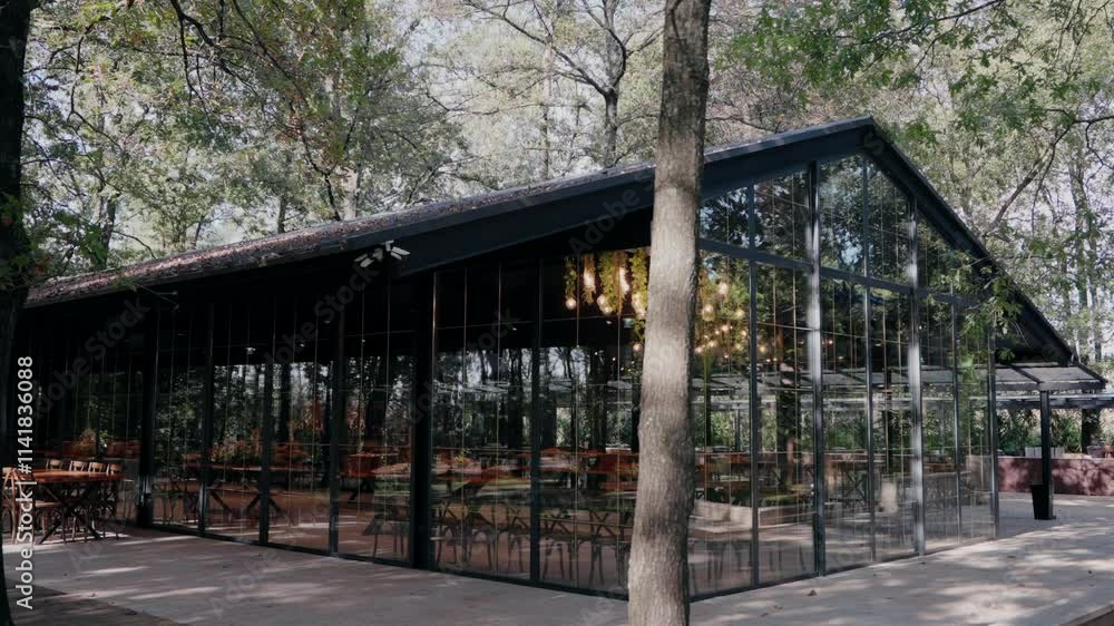 Modern glass restaurant surrounded by trees and natural daylight ambiance Modern glass restaurant surrounded by trees and natural daylight ambiance