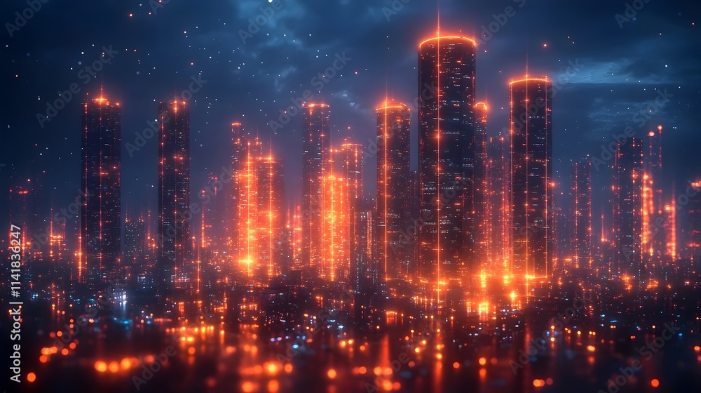 Obraz premium A cityscape with tall buildings lit up in orange and red lights