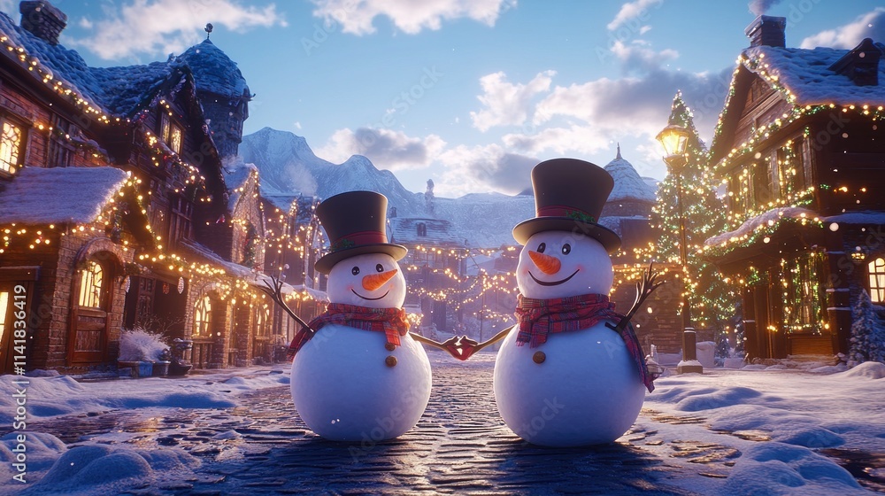 Fototapeta premium Two cheerful snowmen holding hands in a charming snow-covered village at Christmastime.