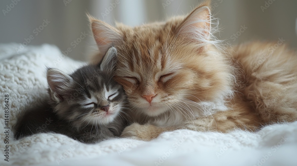 Mother cat snuggling with her sleeping kitten Mother cat snuggling with her sleeping kitten