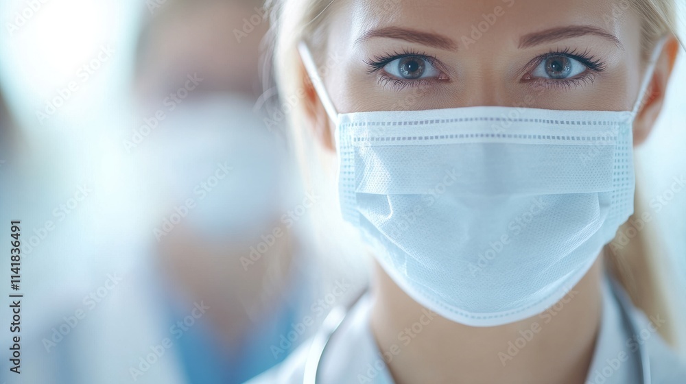 Healthcare professionals in surgical masks close-up portrait in clinical hospital environment Healthcare professionals in surgical masks close-up portrait in clinical hospital environment