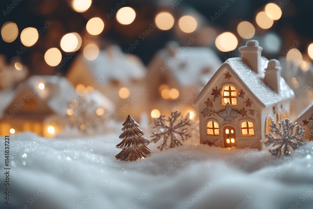 Snow-covered Village with Warm Christmas Lights in Window Snow-covered Village with Warm Christmas Lights in Window