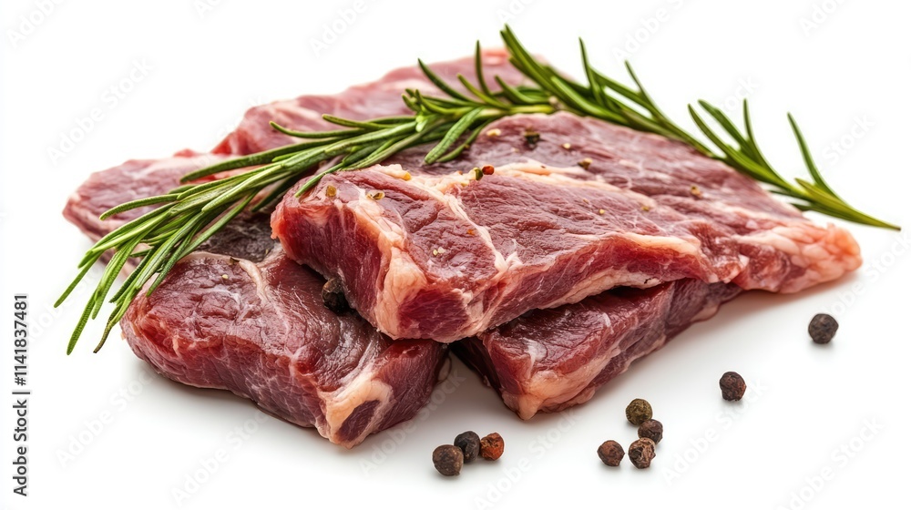 Fresh raw bacon strips with rosemary sprig and peppercorns on white background for culinary or food marketing purposes Fresh raw bacon strips with rosemary sprig and peppercorns on white background for culinary or food marketing purposes