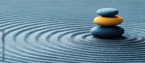 Fototapeta Naklejka Na Ścianę i Meble -  mindful living concept. A zen garden with raked sand and stones representing inner peace, focus, and mental clarity, mindful living wellness mental clarity, symbolic mindfulness space