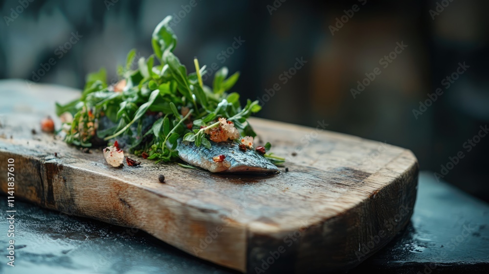 Salted anchovy with herbs and spices on a rustic wooden board emphasizing healthy fish diet and culinary presentation Salted anchovy with herbs and spices on a rustic wooden board emphasizing healthy fish diet and culinary presentation