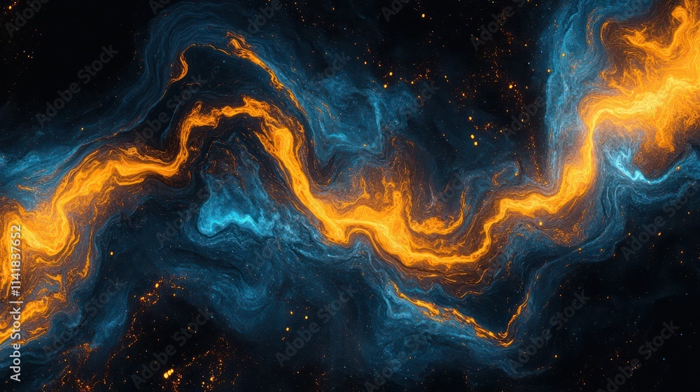 Abstract swirling energetic cosmic liquid flows in vibrant orange and teal colors on a dark background. Abstract swirling energetic cosmic liquid flows in vibrant orange and teal colors on a dark background.