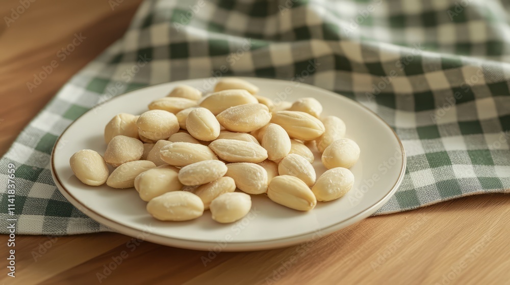 Almonds coated in white chocolate on a plate with a checkered napkin showcasing a delightful contrast of textures and colors Almonds coated in white chocolate on a plate with a checkered napkin showcasing a delightful contrast of textures and colors