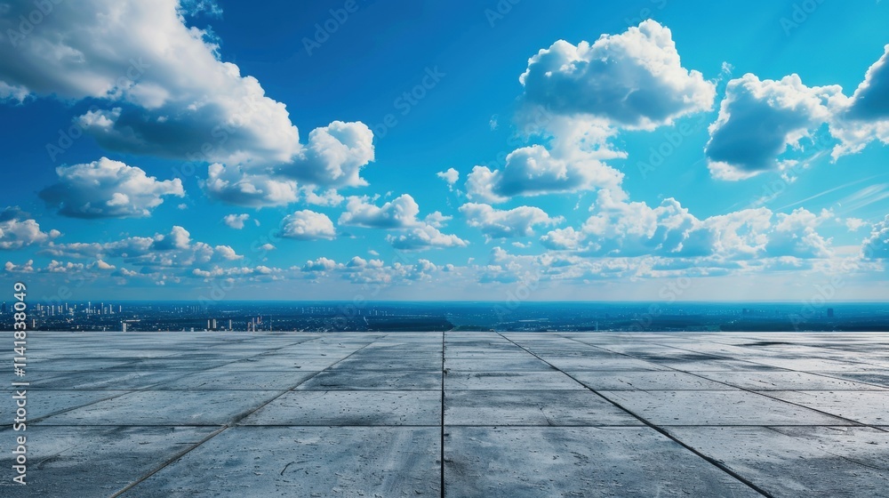 A vast, clear sky filled with fluffy clouds overlooks a wide, empty concrete platform, creating a tranquil and expansive scene. A vast, clear sky filled with fluffy clouds overlooks a wide, empty concrete platform, creating a tranquil and expansive scene.