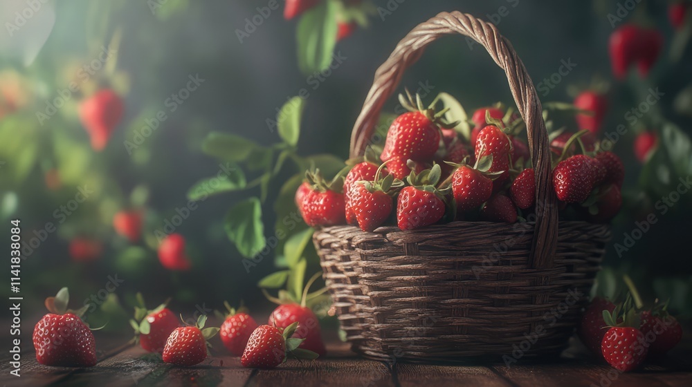 Basket of freshly picked strawberries on a wooden surface with a lush green background highlighting the organic and natural essence of the scene Basket of freshly picked strawberries on a wooden surface with a lush green background highlighting the organic and natural essence of the scene
