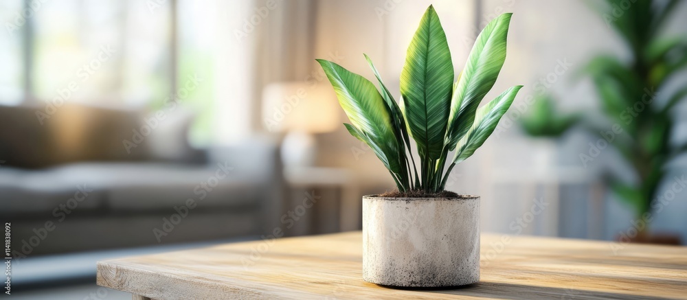 Elegant artificial potted plant on wooden table enhancing modern indoor decor in stylish living room setting Elegant artificial potted plant on wooden table enhancing modern indoor decor in stylish living room setting