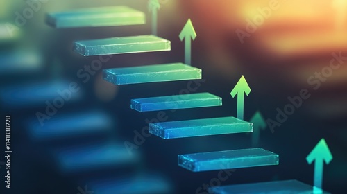 An abstract staircase with floating steps, each step featuring an upward arrow in a gradient from blue to green, symbolizing gradual achievement. 