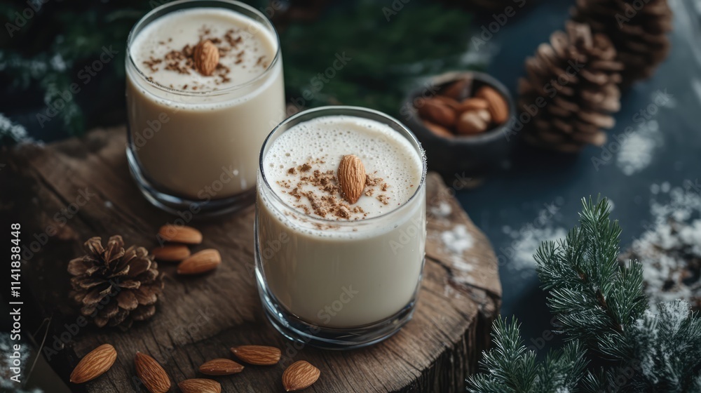 Creamy almond milk in glasses garnished with almonds on rustic wooden table surrounded by pinecones and greenery vegan beverage concept Creamy almond milk in glasses garnished with almonds on rustic wooden table surrounded by pinecones and greenery vegan beverage concept