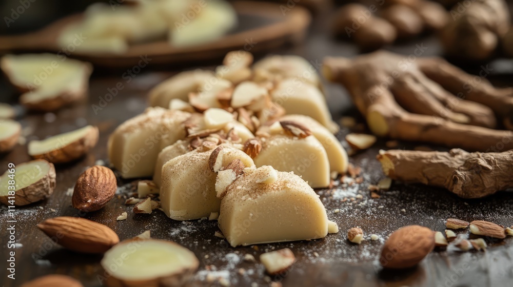 Almond Marzipan with Ginger Slices and Nuts on Rustic Wooden Surface Almond Marzipan with Ginger Slices and Nuts on Rustic Wooden Surface