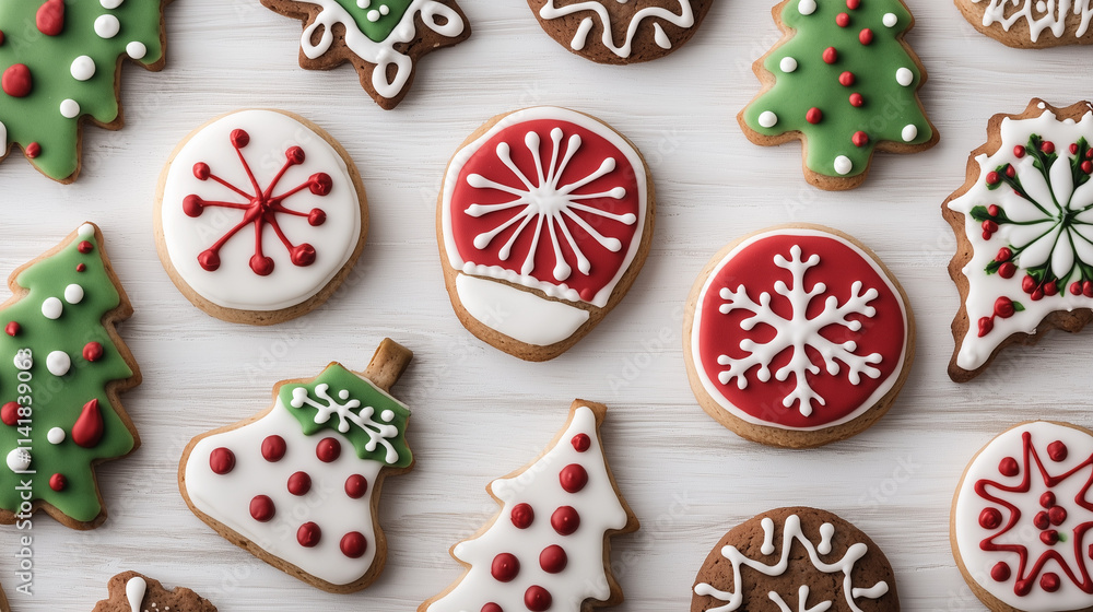 Christmas Cookie Collection: A festive spread of gingerbread cookies, adorned with festive icing in classic Christmas motifs. Each cookie is a delightful treat. Christmas Cookie Collection: A festive spread of gingerbread cookies, adorned with festive icing in classic Christmas motifs. Each cookie is a delightful treat.