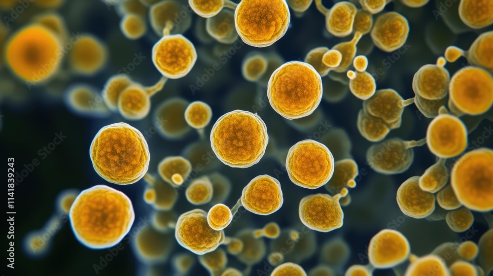 Close-up of Staphylococcus aureus bacteria showcasing their unique spherical shape and vibrant yellow color under microscopic view