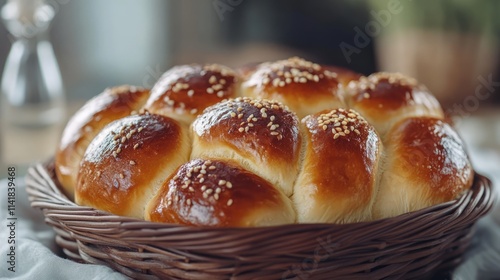 Freshly baked golden buns in a wicker basket showcasing a delicious homemade bakery treat on a rustic table setting.