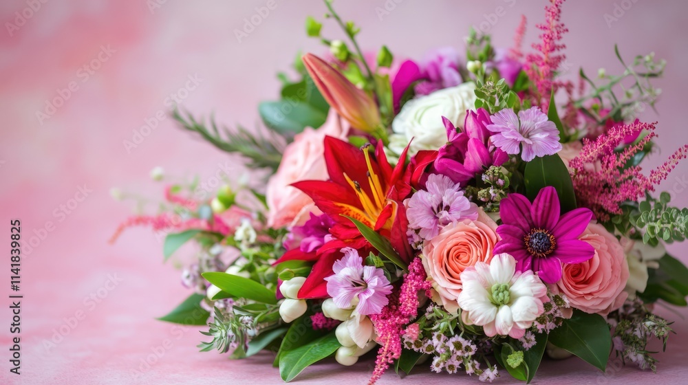 Vibrant floral bouquet with mixed blossoms on soft pink backdrop perfect for special occasions and greeting cards flat lay composition Vibrant floral bouquet with mixed blossoms on soft pink backdrop perfect for special occasions and greeting cards flat lay composition