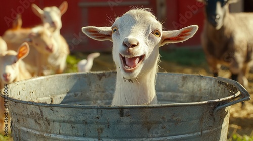 a goat with its head stuck in a metal bucket, trying to shake it off, surrounded by amused farm animals.  photo