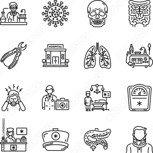 Linear Style Anatomy and Hospital Icons 

