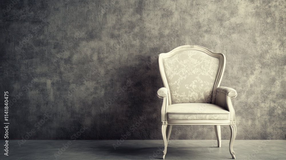 Elegant off-white armchair against a textured grey wall. Elegant off-white armchair against a textured grey wall.