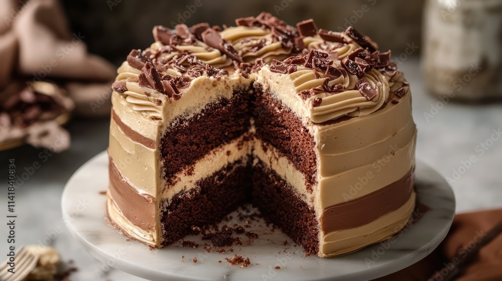 Rich chocolate cake with layered frosting garnished with chocolate shavings on a marble stand showcasing a slice removed for presentation. Rich chocolate cake with layered frosting garnished with chocolate shavings on a marble stand showcasing a slice removed for presentation.